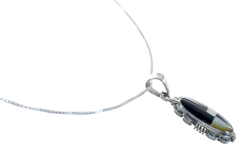 Southwest Jet Mother of Pearl Inlay Sterling Silver Box Chain Necklace Set JX129118